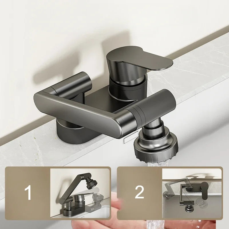 Double Hole Faucet with 360° Rotating Water Mixing Valve Tap